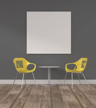 Gri bir duvarda boş bir maket posteri olan modern, sade ofis odası.