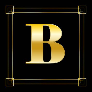 B Harfi Logo Tasarımı Kare Süslü, lüks altın tasarım, vektör illüstrasyonu