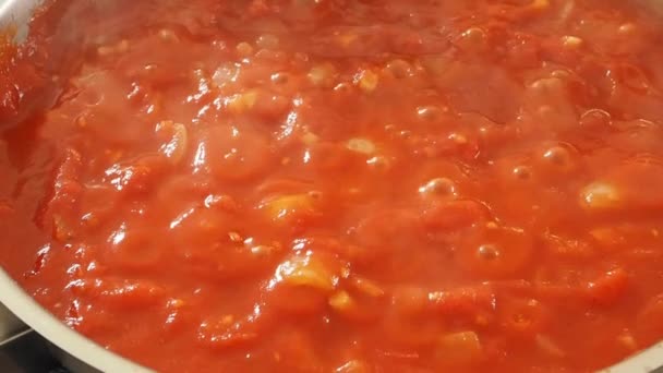 Μαγειρέψτε Πίτσα Σάλτσα Ντομάτας Από Βιολογικά Συστατικά Ένα Τηγάνι — Αρχείο Βίντεο