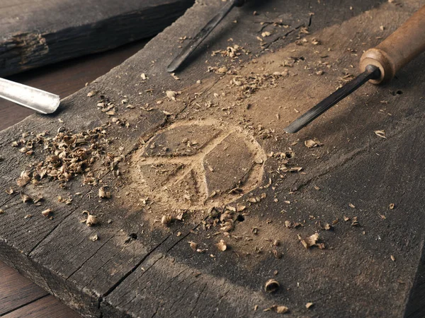 Peace Symbol Carved Wood Chisels Peace Concept Global Solidarity Woodworking — Stock Photo, Image