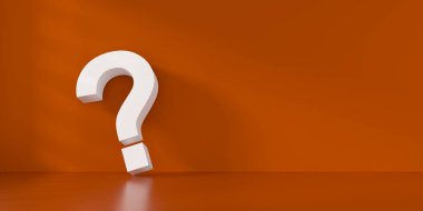 Turuncu bir odada beyaz soru işareti simgesi olan ince 3D konsept.