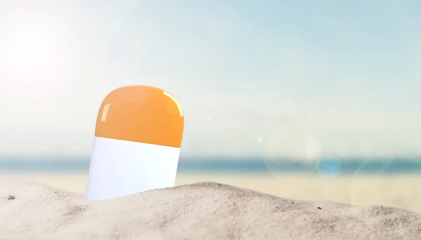 Sluneční Krém Láhev Písku Pláži Prostorem Pro Váš Text — Stock fotografie