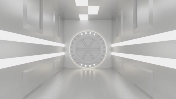 Verfolgungsschuss Durch Einen Beleuchteten Korridor Einer Sich Öffnenden Luftschleuse Animation — Stockvideo