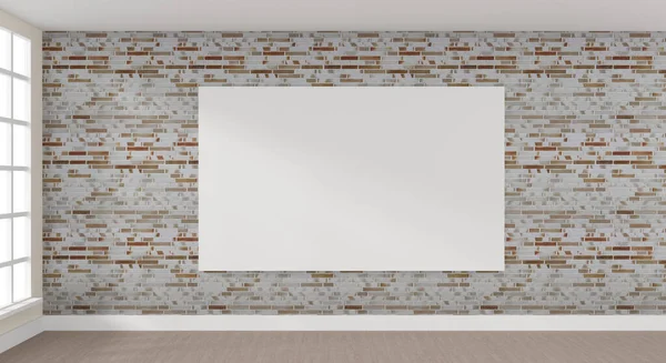 Chambre Puriste Moderne Avec Une Affiche Vide Sur Mur Briques — Photo