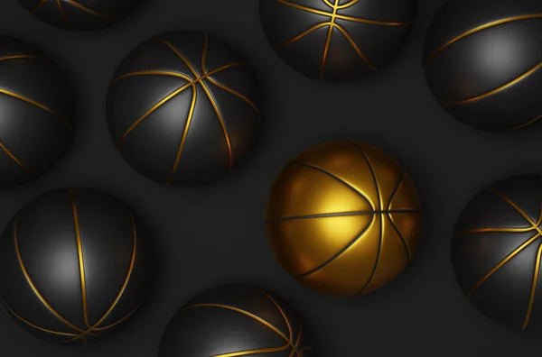 Many Black Basketballs Golden Basketball Dark Background Rendering — Stock Photo, Image