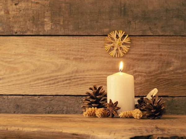 First Advent One Candle Burning Rustic Wooden Table Christmas Decoration — Stock Photo, Image