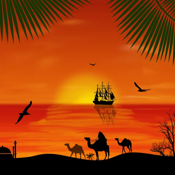 Camel caravan at sunset on the beach — Stock Vector