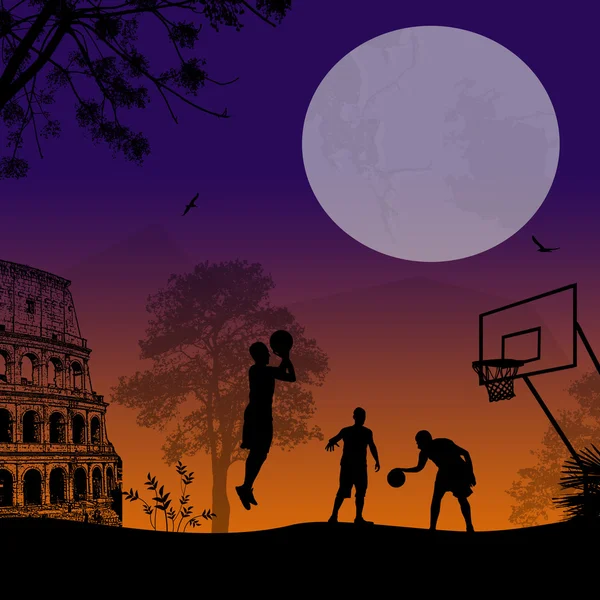 Miejskich koszykówki na piękny zachód słońca — Wektor stockowy