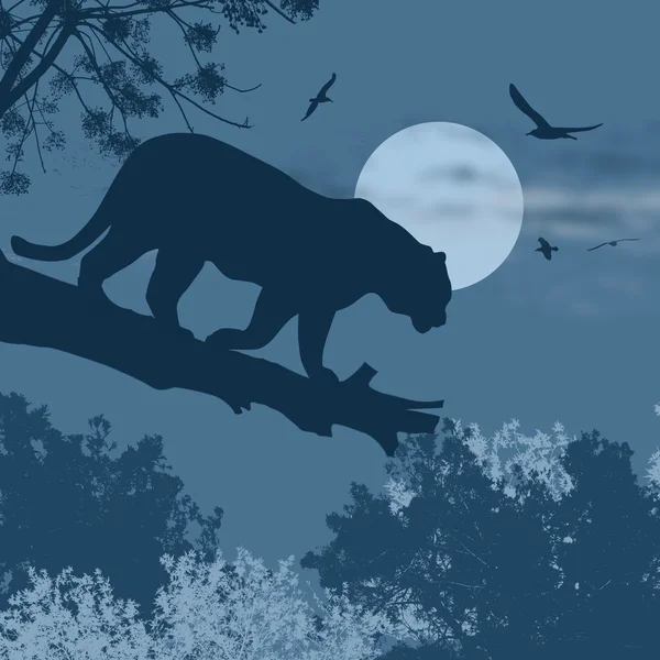 Vue en silhouette de panthère sur un arbre — Image vectorielle