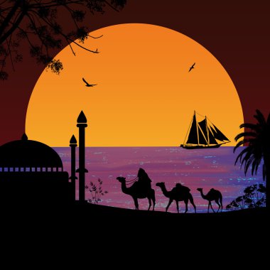 Kırmızı gün batımında sahilde deve karavan