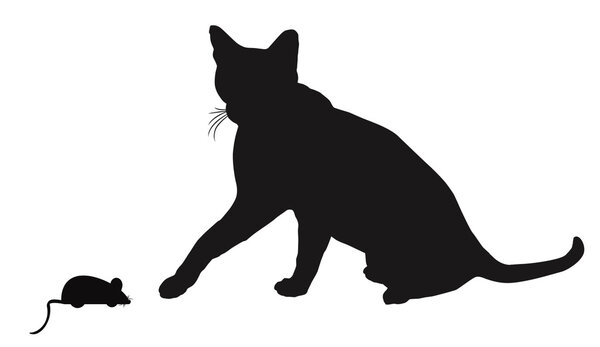 Cat and mouse  silhouettes on white