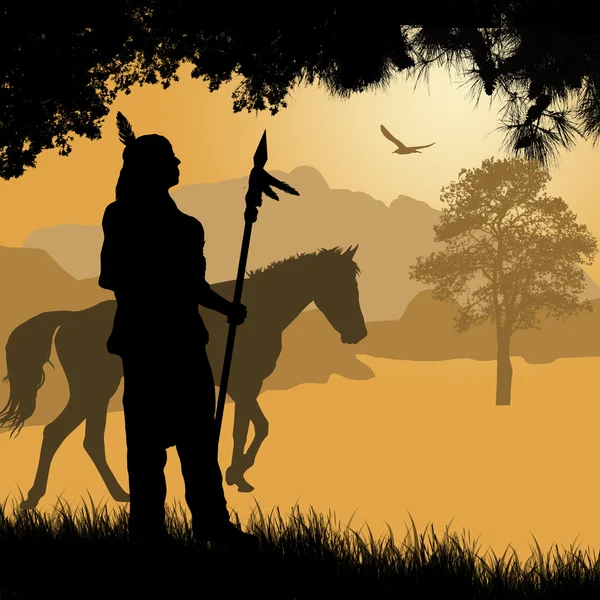 Native american indian silhouette with spear and horse — Stock Vector