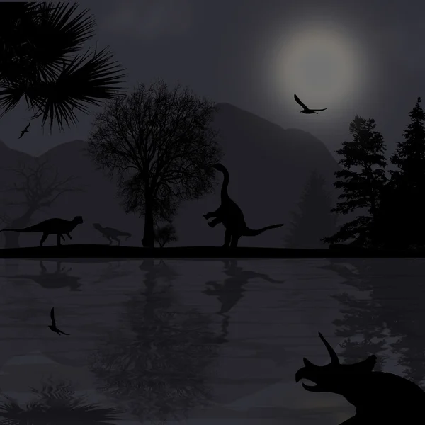 Dinosaurs silhouettes in beautiful landscape — Stock Vector