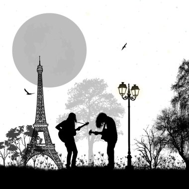 Paris'te güzel manzara üzerinde oynarken gitaristler