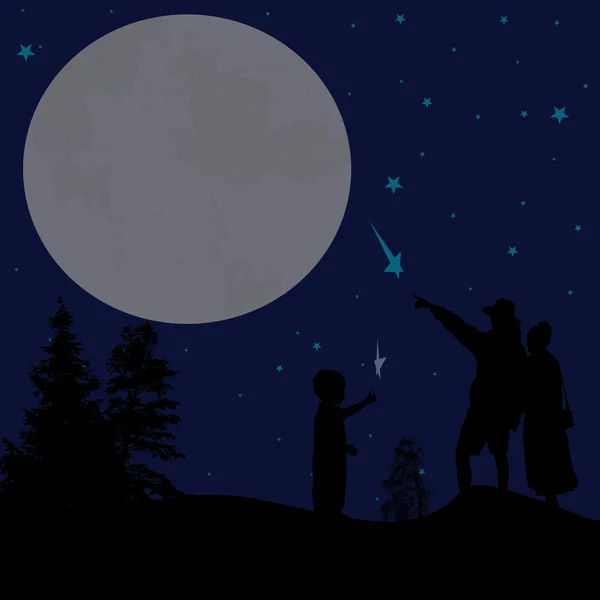 Silhouette de couple regardant le ciel nocturne — Image vectorielle