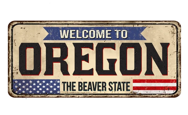 Vítejte Oregonské Retro Rezavé Kovové Ceduli Bílém Pozadí Vektorová Ilustrace — Stockový vektor