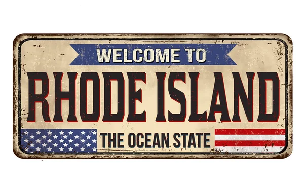 Welkom Rhode Island Vintage Roestig Metalen Bord Een Witte Achtergrond — Stockvector