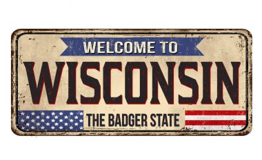 Beyaz arkaplandaki Wisconsin klasik paslı metal tabelasına hoş geldiniz.