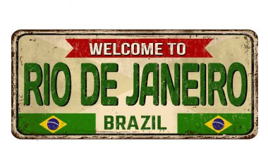 Beyaz arka plandaki Rio de Janeiro klasik paslı metal tabelasına hoş geldiniz.