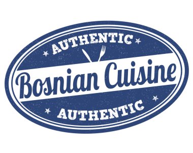 Beyaz arka planda otantik Bosnalı mutfağı grunge kauçuk damgası, vektör illüstrasyonu