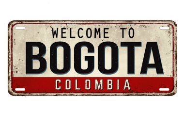Bogota 'ya hoş geldiniz. Beyaz arka planda paslı metal plaka, vektör illüstrasyonu