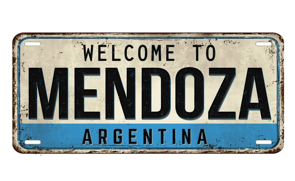 Benvenuti Mendoza Vintage Arrugginito Piatto Metallo Uno Sfondo Bianco Illustrazione — Vettoriale Stock