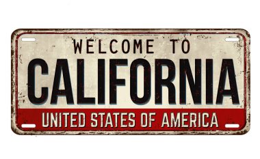 Beyaz arka plandaki Kaliforniya klasik paslı metal plakasına hoş geldiniz.
