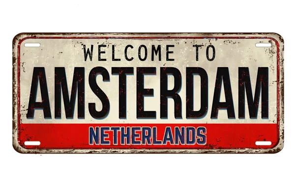 Bienvenido Amsterdam Placa Metal Oxidado Vintage Sobre Fondo Blanco Ilustración — Vector de stock