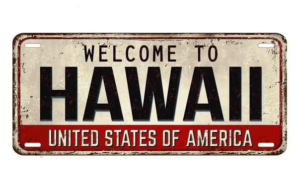 Bienvenido Hawaii Placa Metal Oxidado Vintage Sobre Fondo Blanco Ilustración — Vector de stock