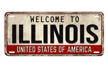 Illinois 'e hoş geldiniz. Beyaz arka planda paslı metal plaka, vektör çizimi.