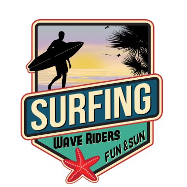 Beyaz arkaplanda sörf gezisi etiketi, vektör illüstrasyonu