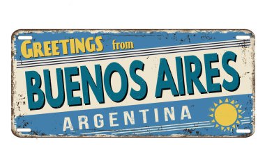 Beyaz arka planda Buenos Aires klasik paslı metal plakadan selamlar, vektör illüstrasyonu