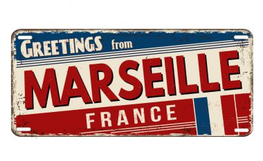 Beyaz arka planda Marsilya 'nın paslı metal plakasından selamlar, vektör illüstrasyonu