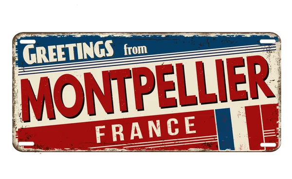 Montpellier Den Selamlar Beyaz Arka Planda Paslı Metal Plaka Vektör — Stok Vektör