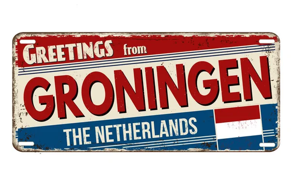 Greetings Groningen Vintage Rusty Metal Plate White Background Vector Illustration — Stock Vector