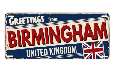 Birmingham 'dan selamlar beyaz arka planda paslı metal plaka, vektör illüstrasyonu