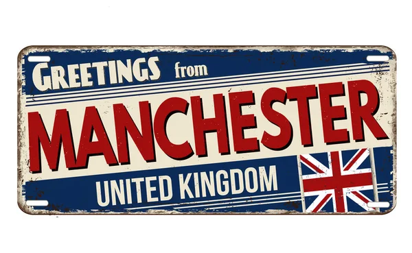 Saudações Manchester Placa Metal Enferrujado Vintage Fundo Branco Ilustração Vetorial — Vetor de Stock