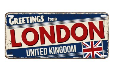 Beyaz arka planda Londra 'nın paslı metal plakasından selamlar, vektör illüstrasyonu