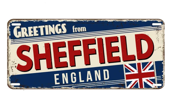 Saudações Sheffield Placa Metal Enferrujado Vintage Fundo Branco Ilustração Vetorial — Vetor de Stock