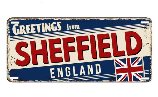 Greetings from Sheffield vintage rusty metal plate on a white background, vector illustration