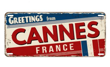 Beyaz arkaplandaki Cannes vintage paslı metal plakadan selamlar, vektör illüstrasyonu