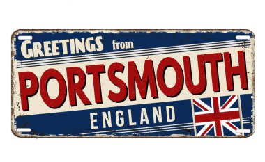 Portsmouth 'tan selamlar beyaz arka planda paslı metal plaka, vektör illüstrasyonu