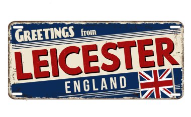 Beyaz arka planda Leicester vintage metal plaka selamlar, vektör illüstrasyon