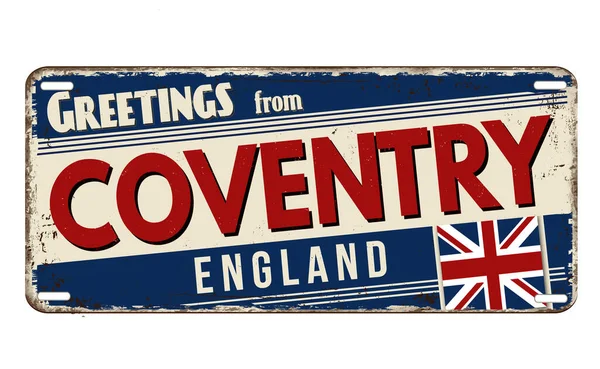 Üdvözlet Coventry Vintage Rozsdás Fém Lemez Fehér Alapon Vektor Illusztráció — Stock Vector