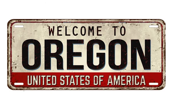 Benvenuti Oregon Vintage Piastra Metallo Arrugginito Uno Sfondo Bianco Illustrazione — Vettoriale Stock