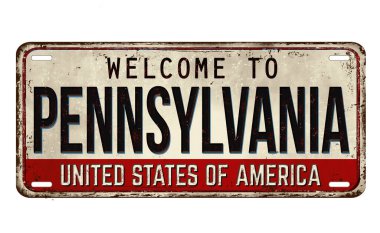 Beyaz arka plandaki Pennsylvania klasik paslı metal plakaya hoş geldiniz.