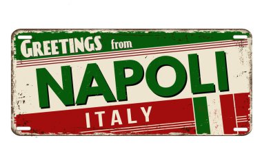 Napoli 'den selamlar. Beyaz arka planda paslı metal plaka, vektör illüstrasyonu.