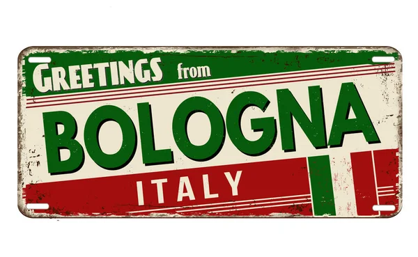 Groeten Uit Bologna Vintage Roestige Metalen Plaat Een Witte Achtergrond — Stockvector
