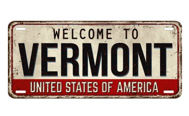 Beyaz arka plandaki Vermont klasik paslı metal plakaya hoş geldiniz.