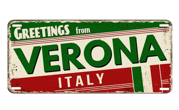 Salutations Verona Plaque Métallique Rouillée Vintage Sur Fond Blanc Illustration — Image vectorielle